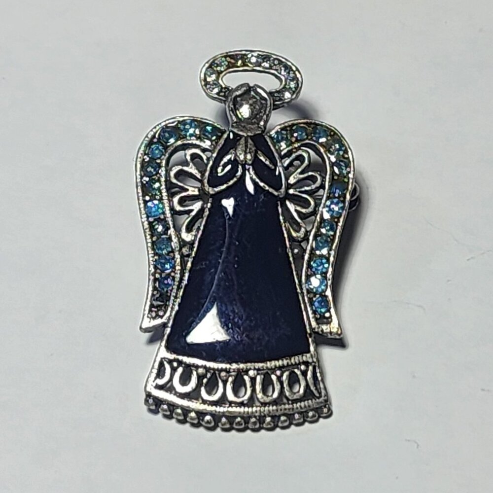 Pewter Tone Angel Brooch with Blue and Clear Rhinestones